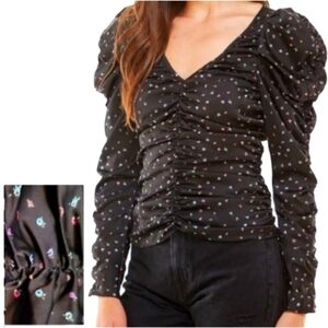 NWT WAYF Ruched Long Sleeve Black Floral Top Topanga Size L